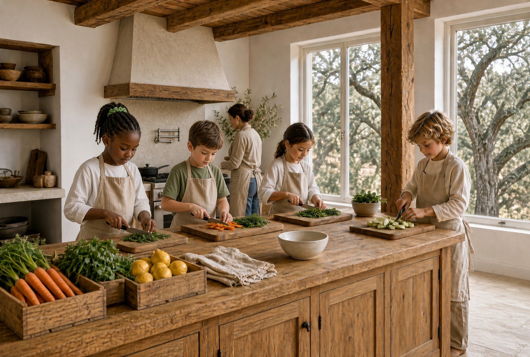 Children preparing garden vegetables at wooden counters in the teaching kitchen