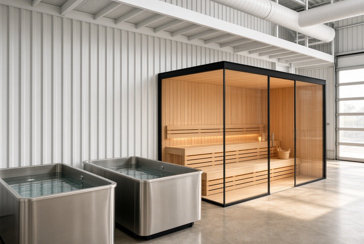 Concept rendering of the recovery suite with cold plunges and cedar sauna